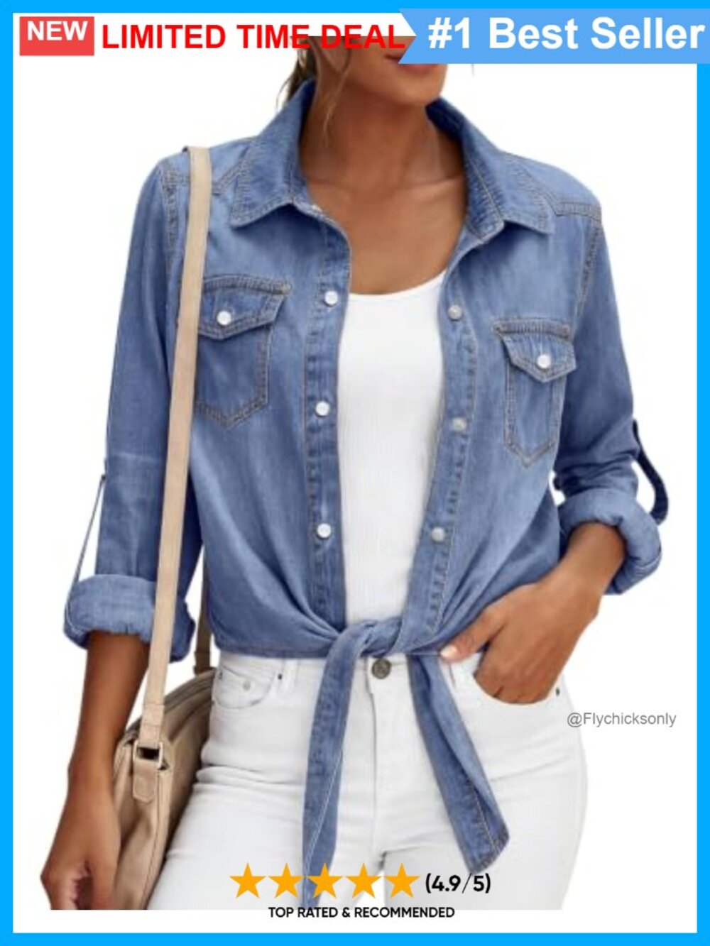 Denim Button Down Crop Top Tie Front Cardigan Rolled Sleeve Jean Shirt